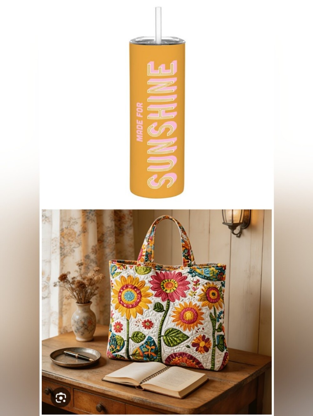 2pc-Quilted Sunflower 🌻 Tote Bag & Made For Sunshine Tumbler 🧡